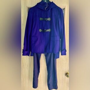 Carlisle size 6 unlined purple hooded jacket, small turtleneck, pinstripe pants
